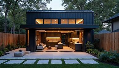 Modern detached accessory dwelling unit in a landscaped Bay Area backyard