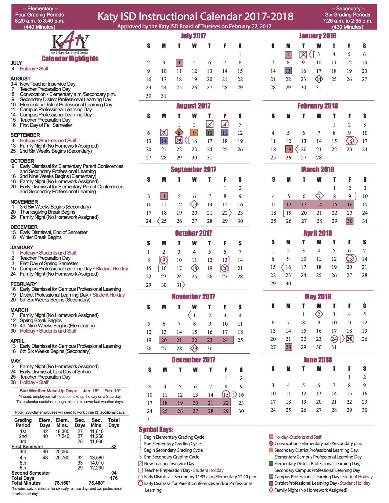 Back To School In Katy ISD The 2017 2018 Instructional Calendar 