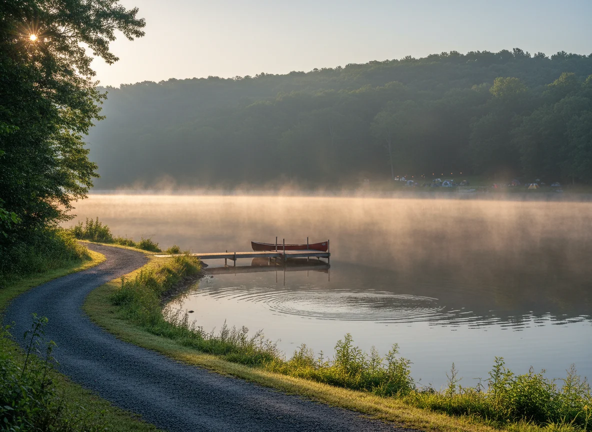 Peaceful morning lake and walking path in Denville, New Jersey