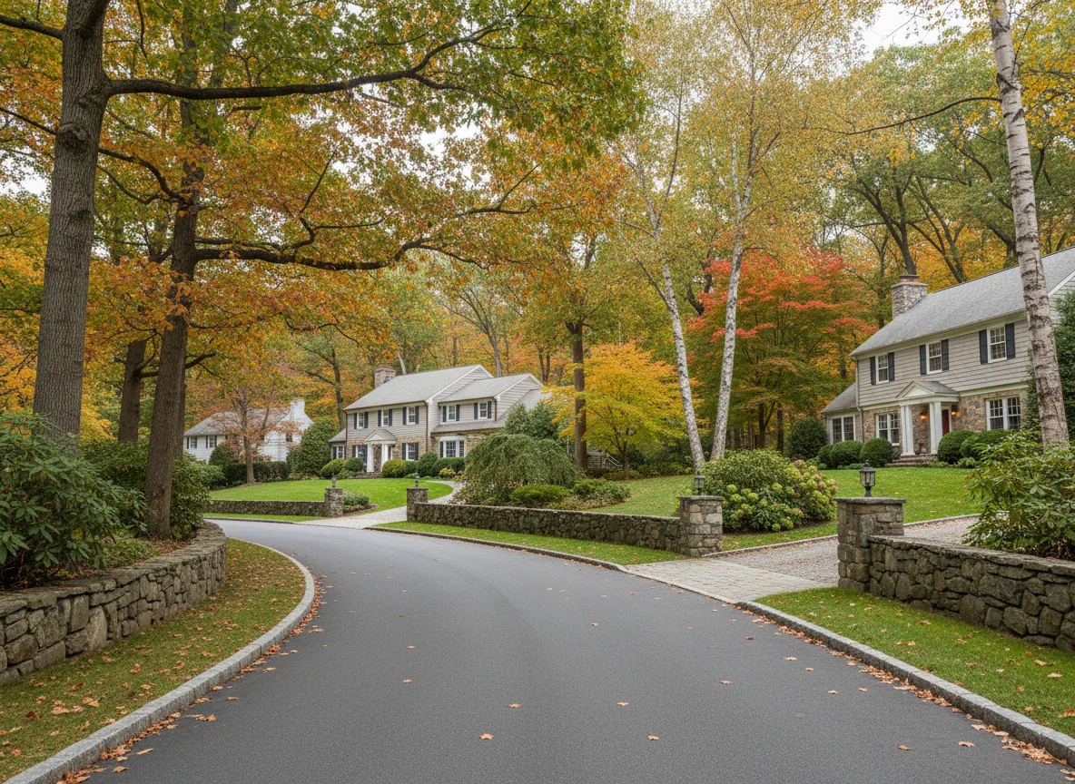 Wooded neighborhood street in Mountain Lakes, NJ