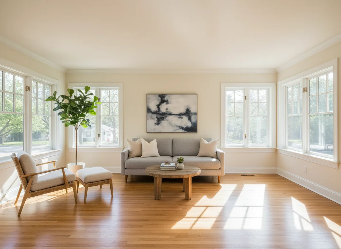 Living room with bright light, clean staging, and attractive floors