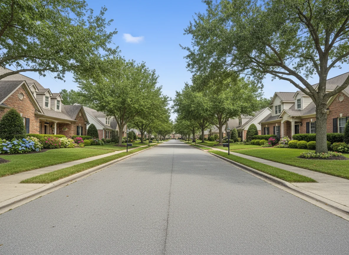 Well-kept suburban homes and tree-lined street in Parsippany, New Jersey