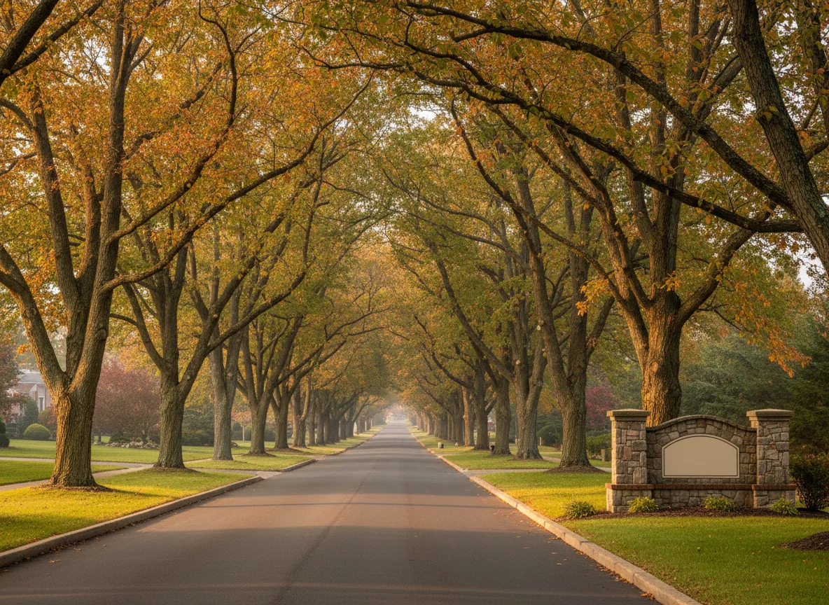 Tree-lined neighborhood entrance in Montville, NJ