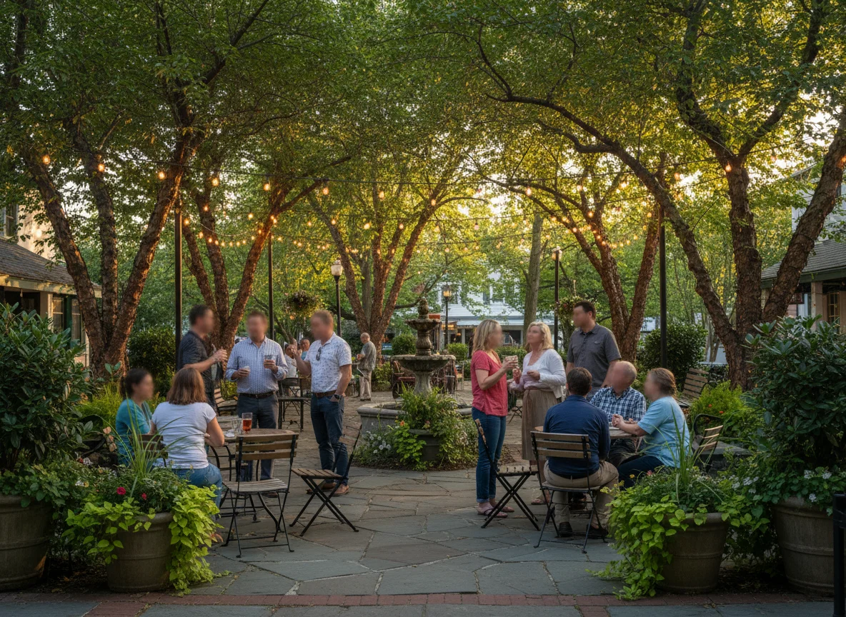 Community gathering in a village-style square in Denville, New Jersey