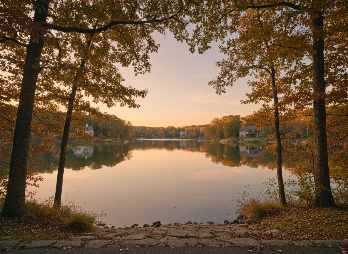 Lake and wooded views in Mountain Lakes, NJ