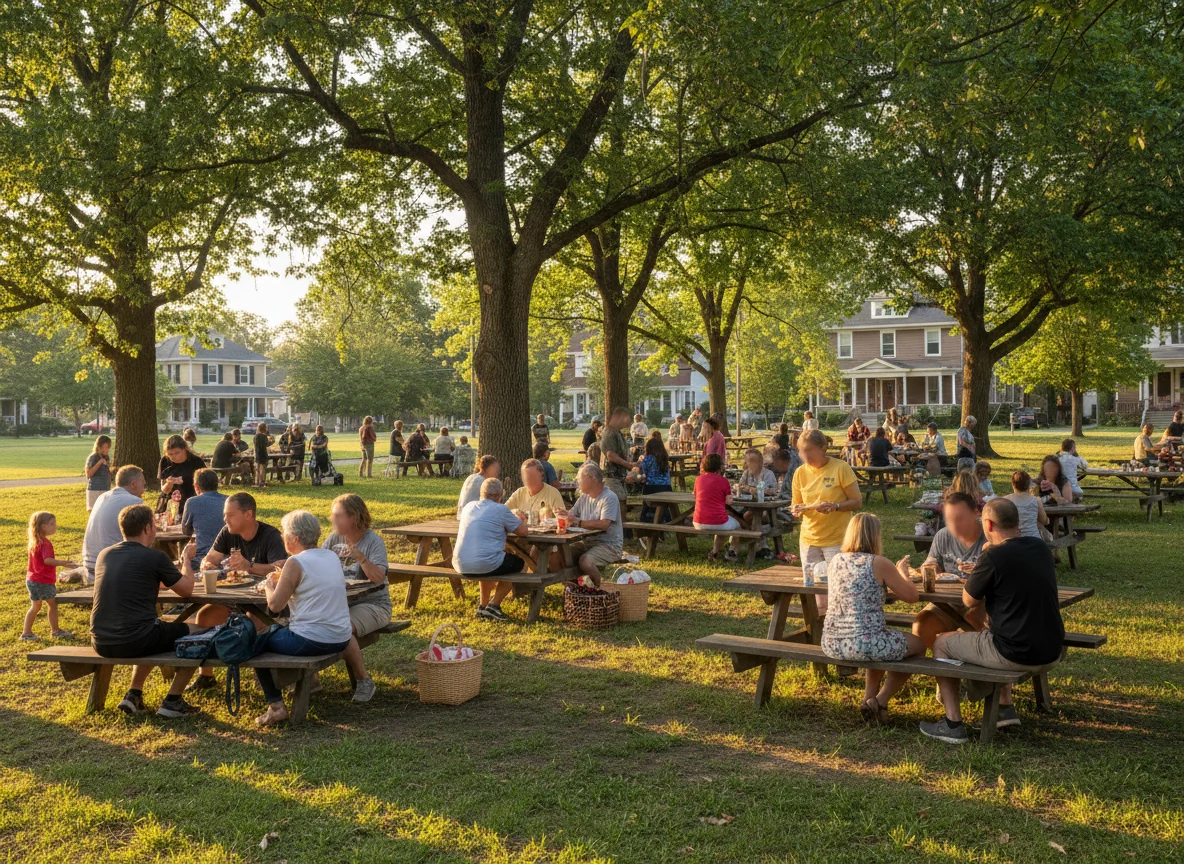 Relaxed community gathering in a shaded park