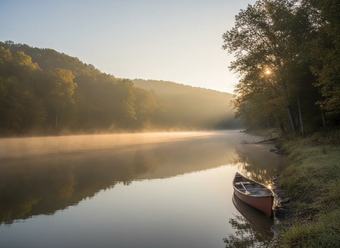 Misty river and wooded hills near Rockaway