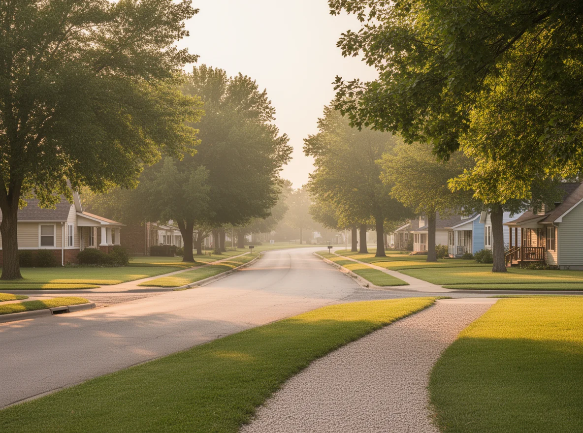 Tree-lined residential street scene in Lyndon, Kansas
