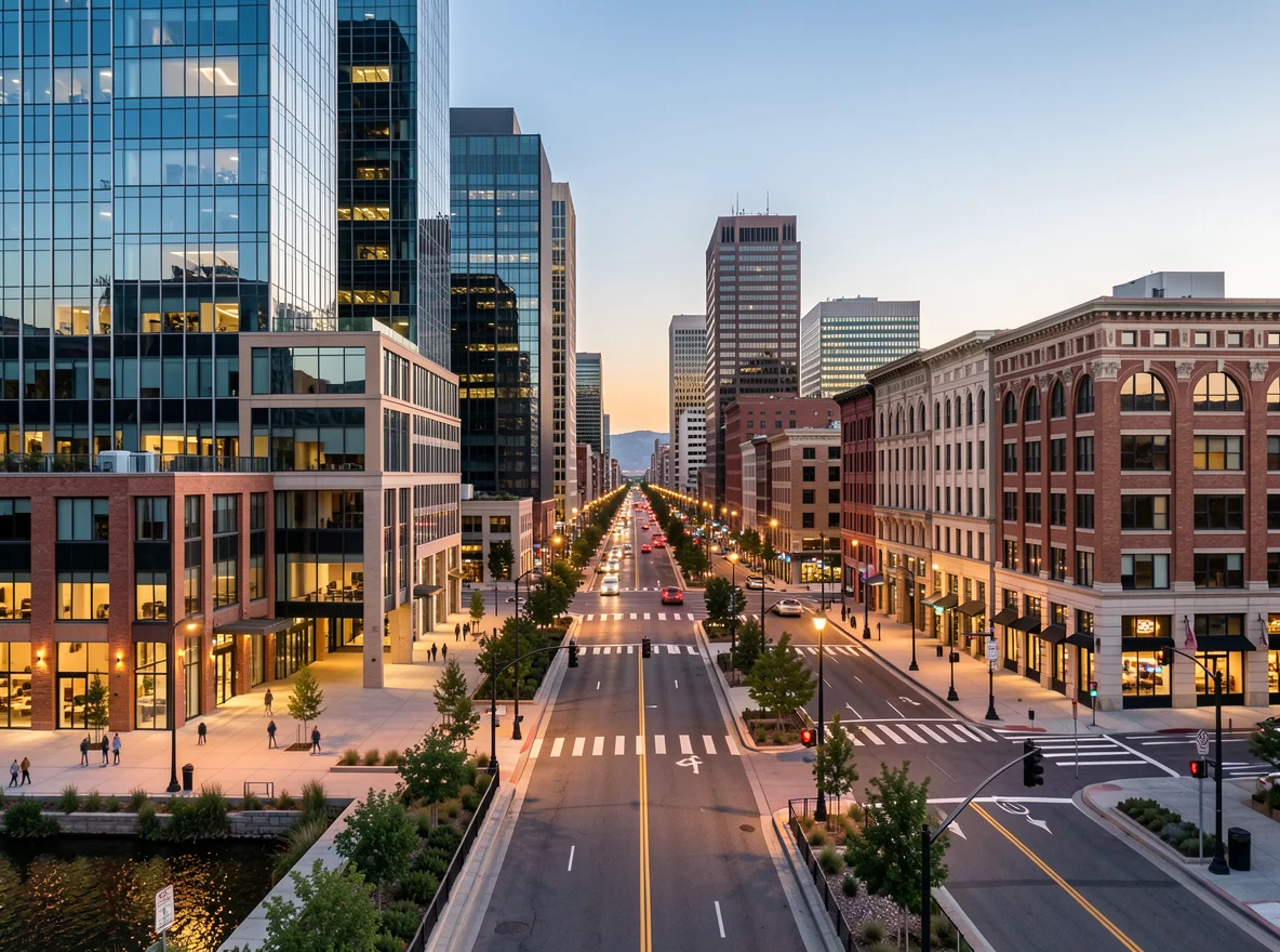 Mountain-backed tech corridor streetscape in northern Utah