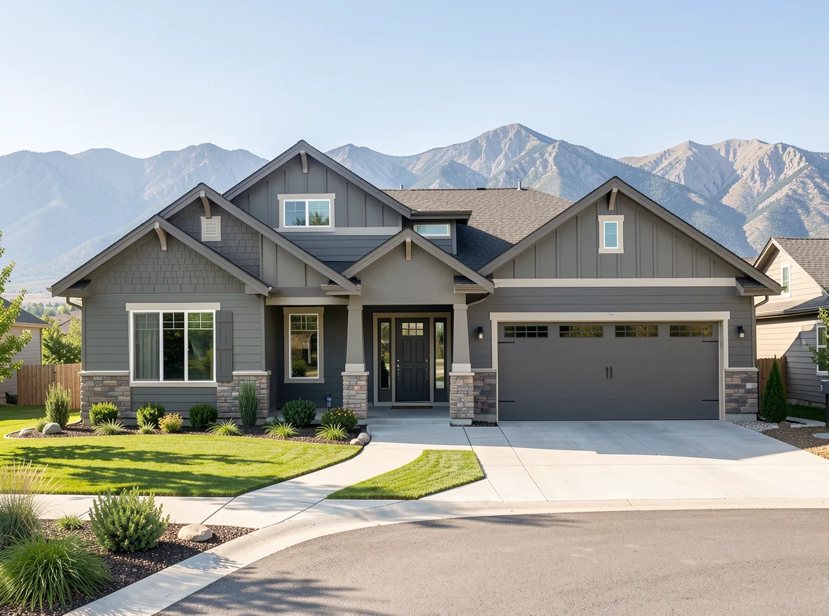 Modern home exterior in Lehi with mountain backdrop