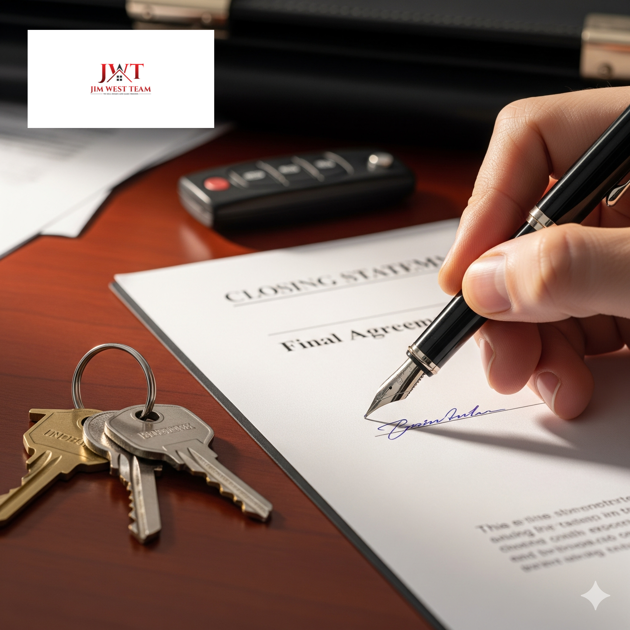 “Home closing in Marysville Ohio with house keys on the table and a seller signing final real estate agreement papers with Jim West Team