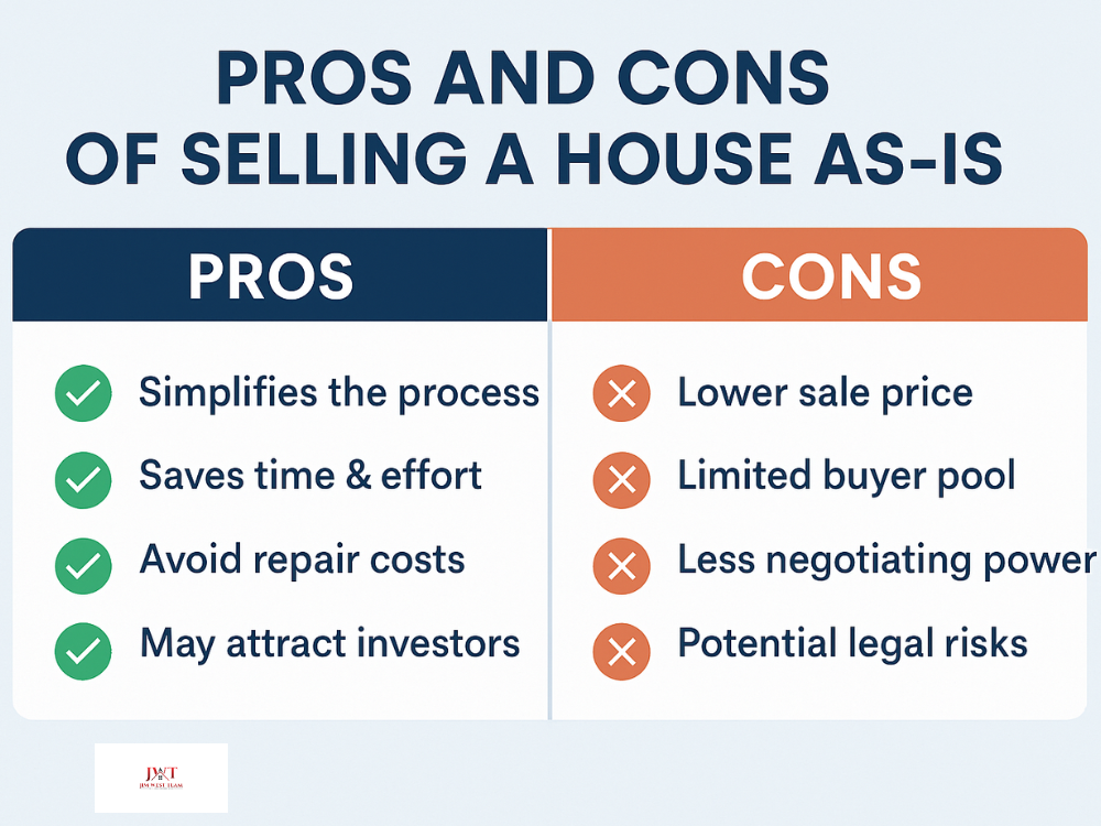 Visual guide showing tips for selling a home as-is in Marysville, Ohio, including pros like convenience and speed, and cons such as reduced buyer pool and lower sale price.