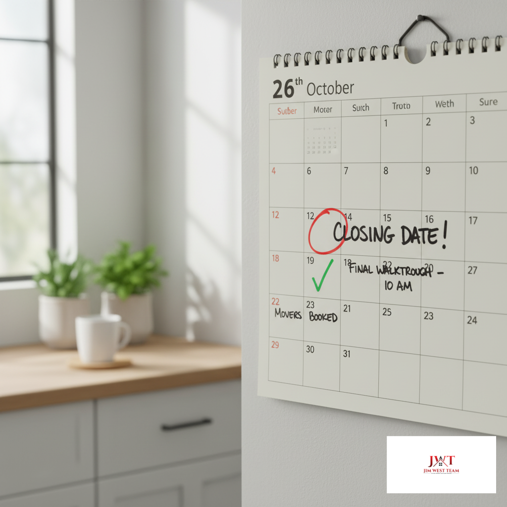 Close-up of a calendar marked with a home closing date and moving schedule, representing coordinated timing for selling and buying a Marysville home