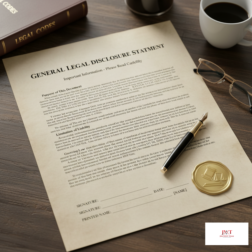 A close-up of a General Legal Disclosure Statement document on a wooden desk beside a pen, coffee cup, and reading glasses. The paper includes signature lines and a gold seal at the bottom, representing official disclosure paperwork required in real estate transactions. Branded with the Jim West Team logo in the corne
