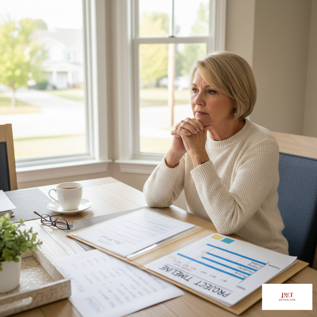 Marysville homeowner sitting at a table reviewing home staging plans and project timeline documents, reflecting on next steps for selling her home with the Jim West Team
