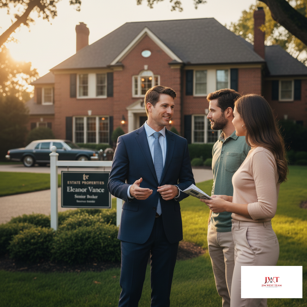 Marysville real estate agent talking with home sellers in front of a brick home, symbolizing clear communication and client trust with the Jim West Team.
