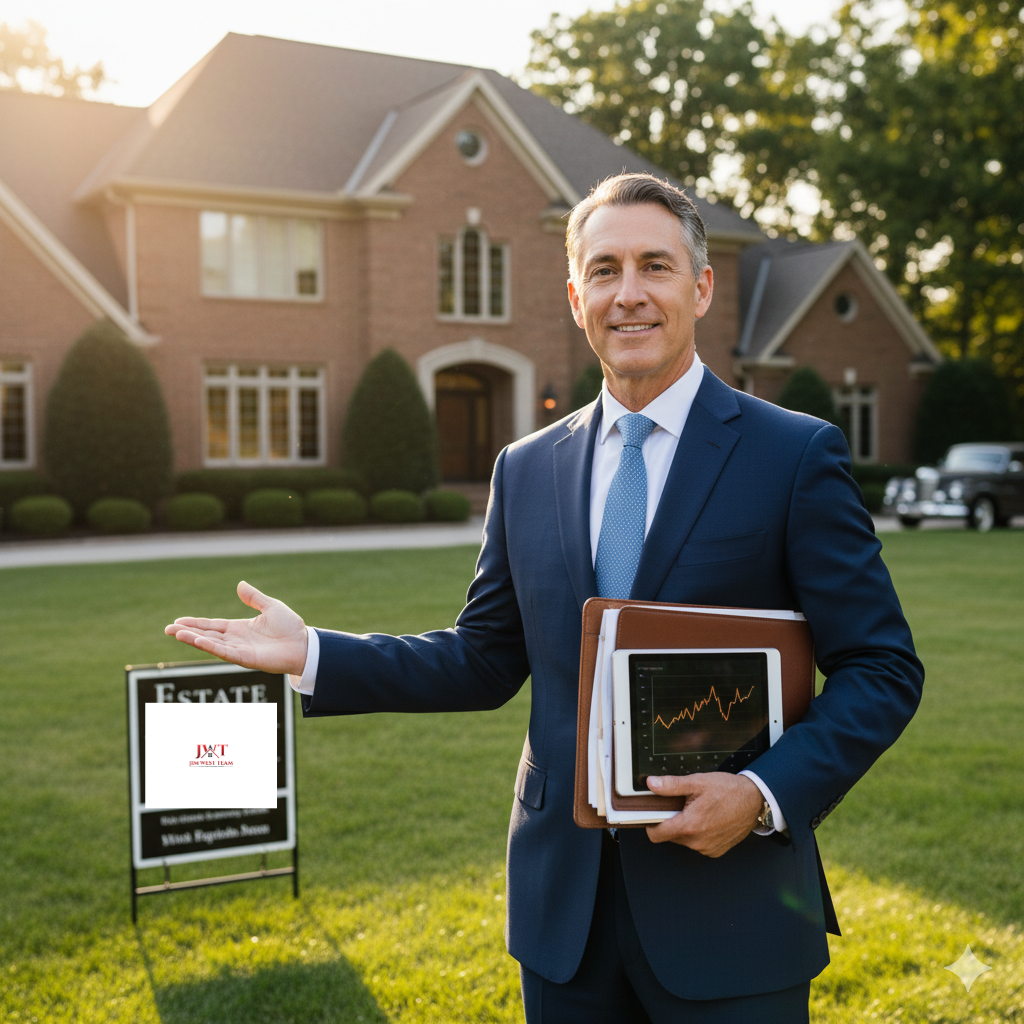 Experienced Marysville realtor standing confidently in front of a luxury home, holding a tablet with real estate data charts, representing the Jim West Team.