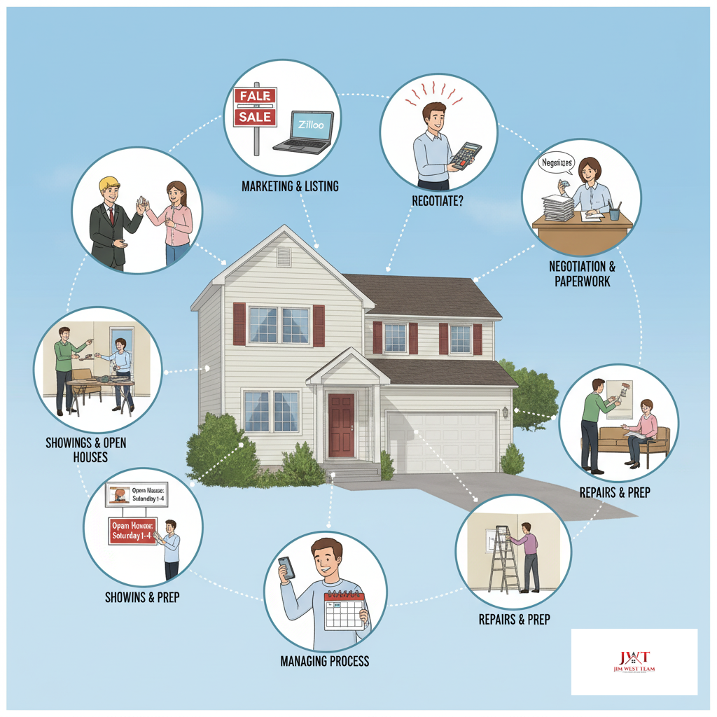 Illustration showing the many tasks involved in selling a home For Sale by Owner (FSBO) in Marysville, Ohio — including marketing, showings, open houses, repairs, negotiation, paperwork, and managing the process