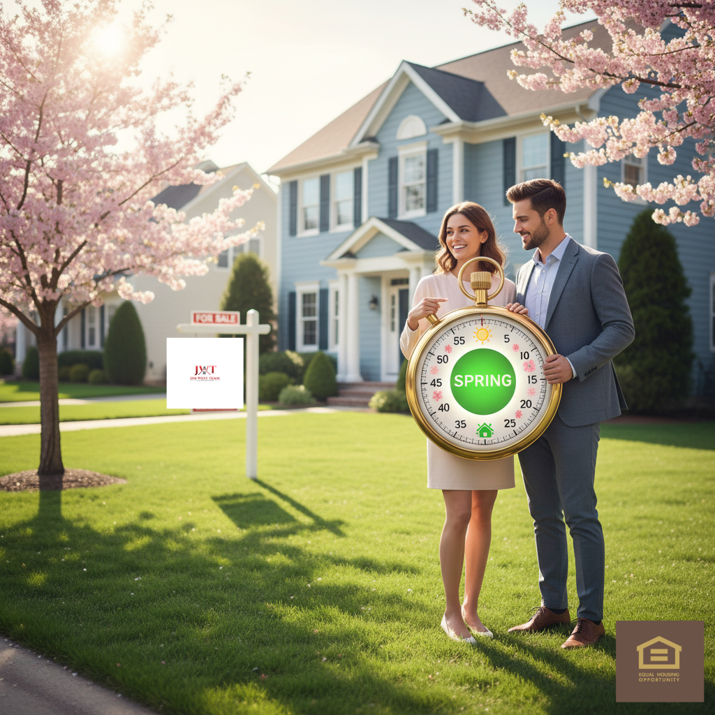 Couple standing outside a Marysville home holding a large stopwatch showing ‘Spring,’ symbolizing the best season to sell a house, with a Jim West Team for sale sign in the yard