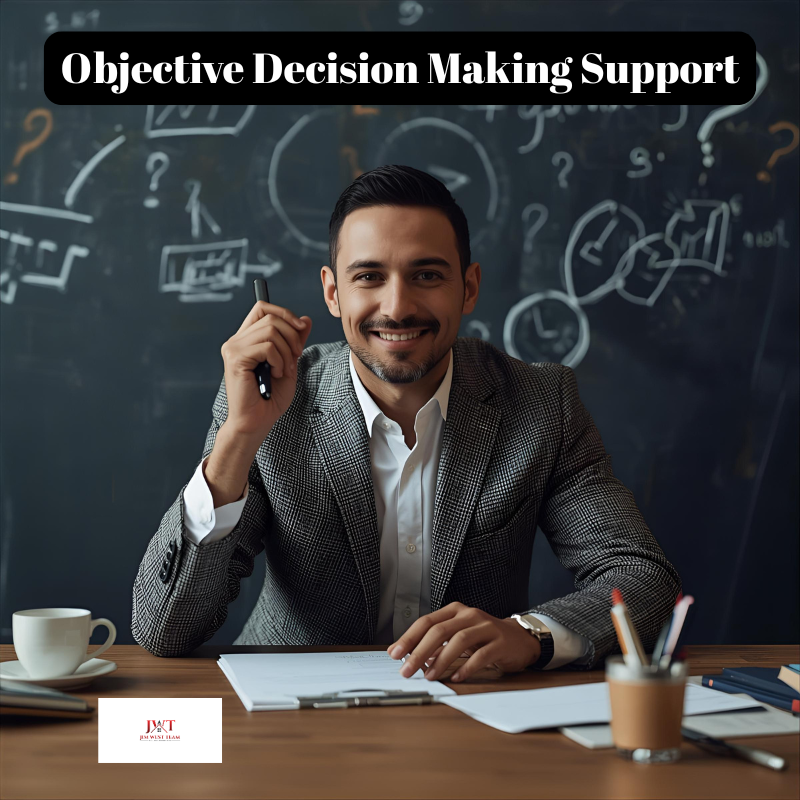 Marysville, Ohio Certified Divorce Real Estate Expert providing objective decision-making support, sitting confidently at a desk with charts and questions on a chalkboard behind—symbolizing clarity during complex divorce real estate situations