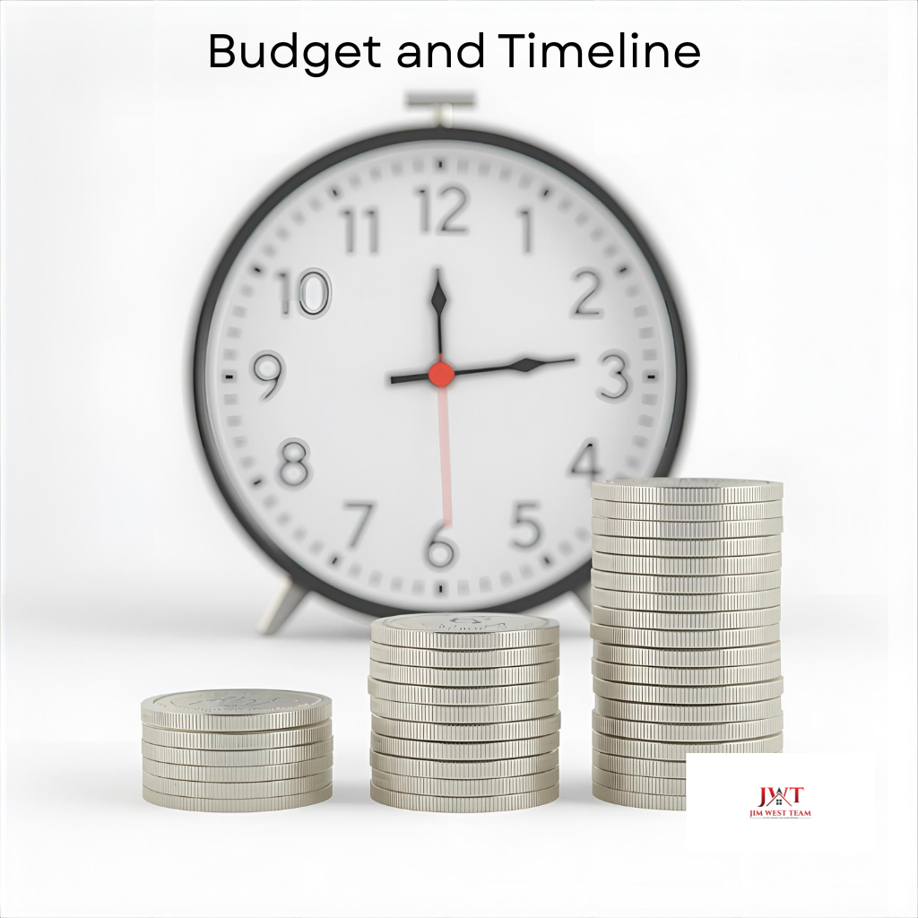 Stacked coins in front of a clock symbolizing budgeting and timing for home staging and selling a house in Marysville, Ohio, with Jim West Team branding.