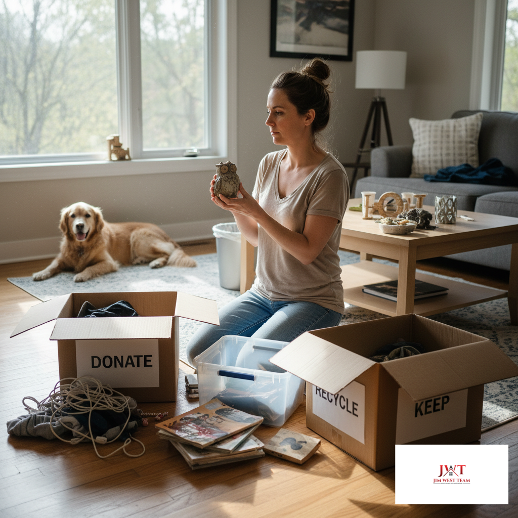 a Marysville home owner boxing up her home with a dog watching
