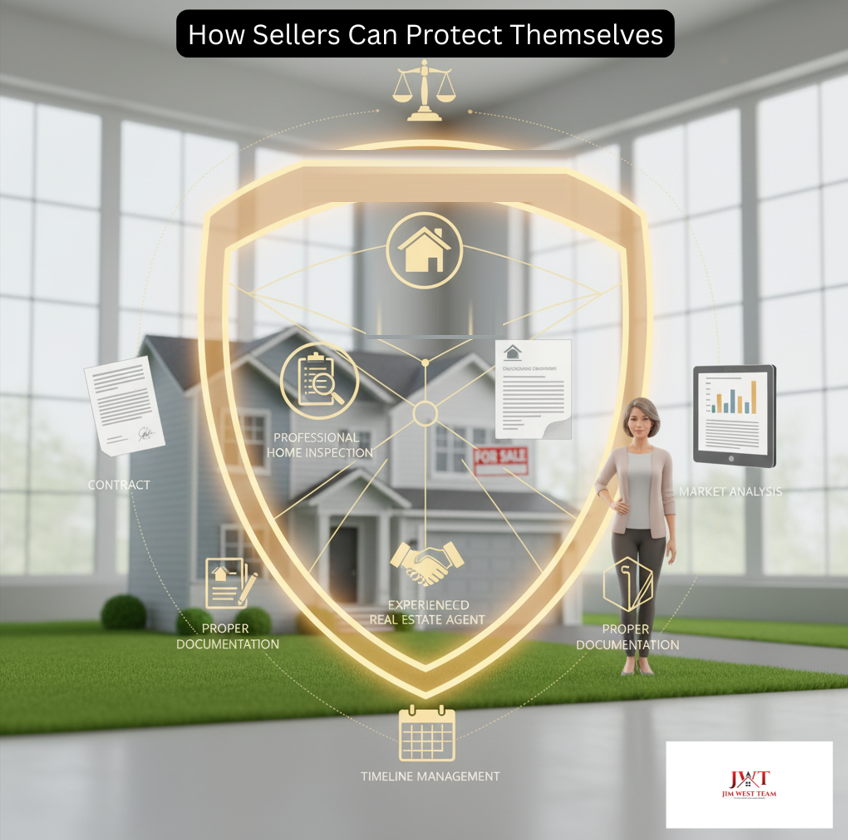 A 3D-style graphic titled “How Sellers Can Protect Themselves” shows a home seller standing beside a house with a glowing golden shield overlay. Inside the shield are icons representing key protections: contract, home inspection, documentation, timeline management, market analysis, and working with an experienced real estate agent. The image is branded with the Jim West Team logo