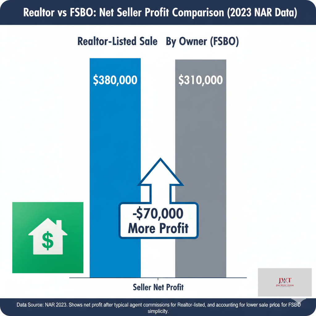 Bar graph comparing Realtor-listed home sales versus FSBO using 2023 NAR data. Realtor sales show $380,000 median net profit, while FSBO sales show $310,000, highlighting a $70,000 higher net profit with a Realtor