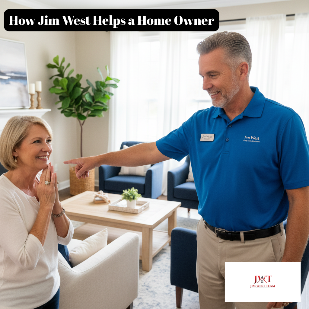 Jim West of the Jim West Team assisting a Marysville homeowner with home staging, offering guidance on preparing the living room to attract buyers