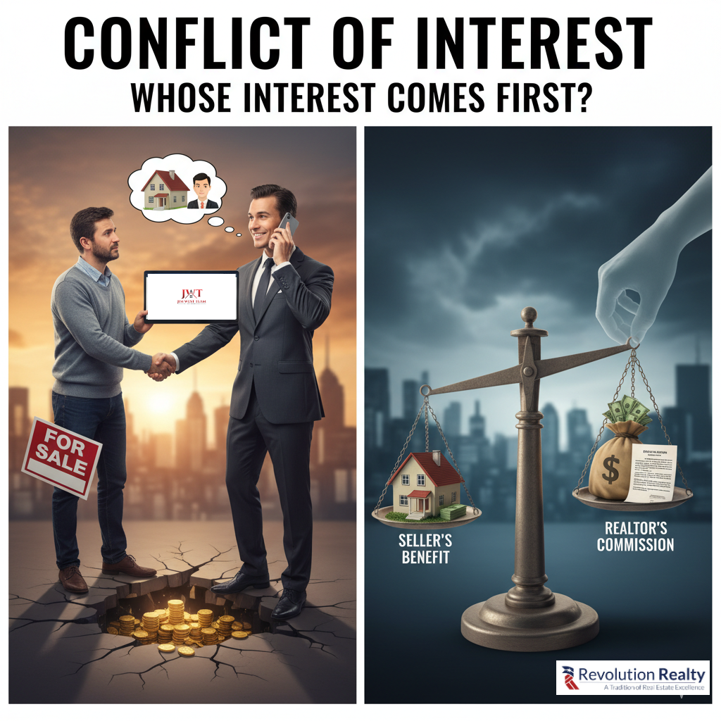A conceptual split-image illustrating a real estate conflict of interest. On the left, a realtor shakes hands with a seller over gold coins, holding a tablet showing the Jim West Team logo. On the right, a scale balances a house labeled Seller’s Benefit against a money bag labeled Realtor’s Commission, symbolizing competing interests in joint ventures or commissions