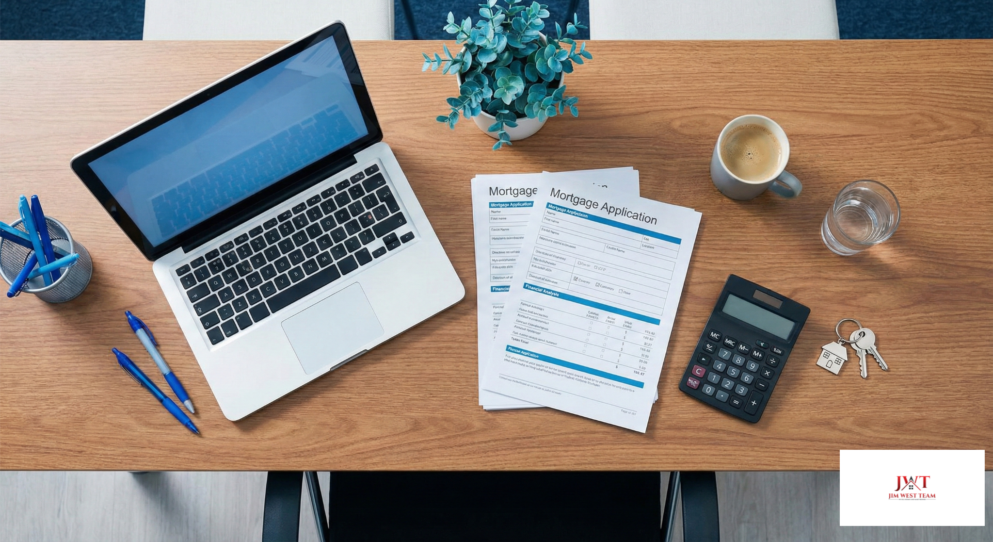 Mortgage consultation workspace with documents and calculator for home financing