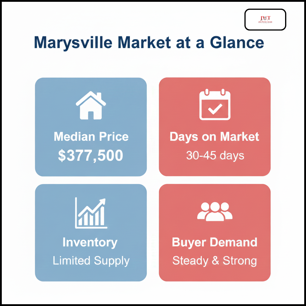 Marysville Ohio real estate market snapshot showing median home price of $377,500, 30-45 days on market, limited inventory supply, and steady strong buyer demand