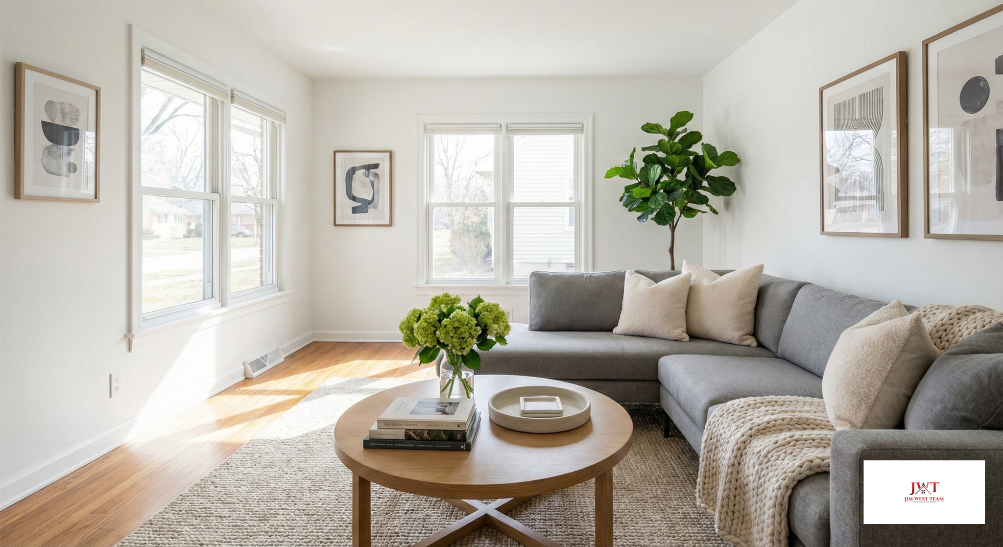 Professionally staged living room for selling home in Marysville Ohio market