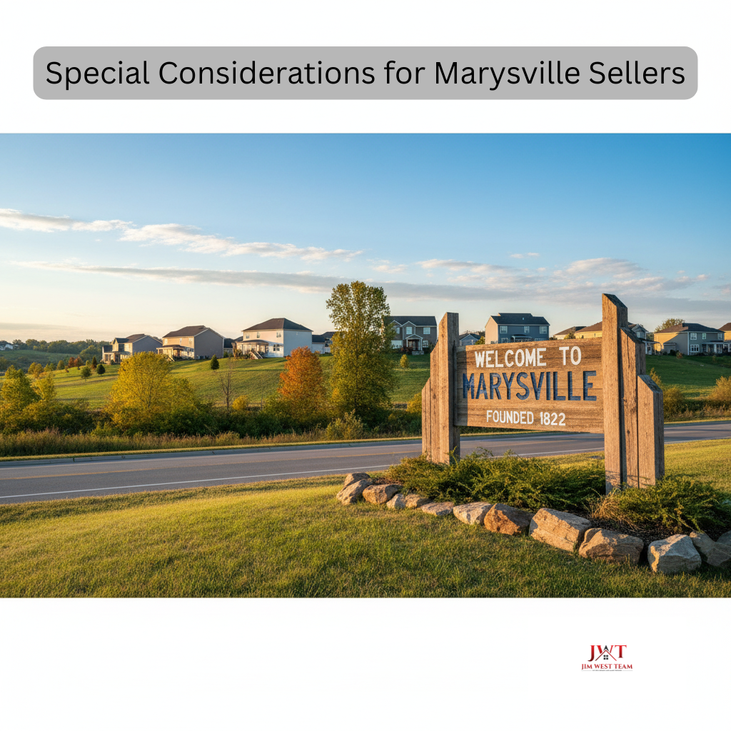Welcome to Marysville Ohio sign with residential homes in background showing special considerations for local home sellers