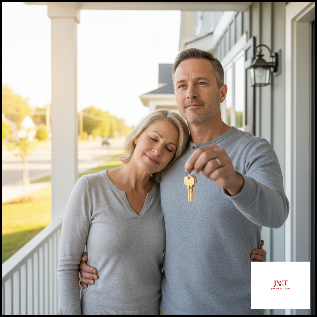 Happy couple holding house keys after successfully navigating emotional side of multiple offers on Marysville home