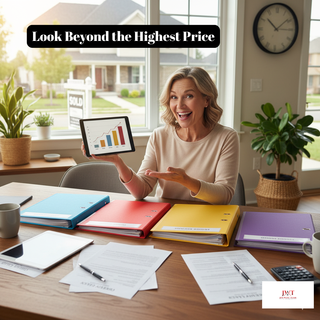 Happy Marysville homeowner reviewing multiple offers with colorful binders and charts, learning how to choose the best offer beyond just price