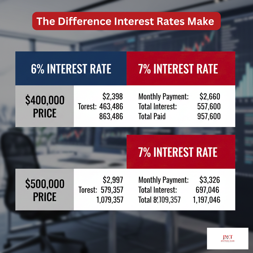 Payment comparison chart showing monthly mortgage payment difference between 6% and 7% interest rates on $400,000 and $500,000 homes in Marysville Ohio