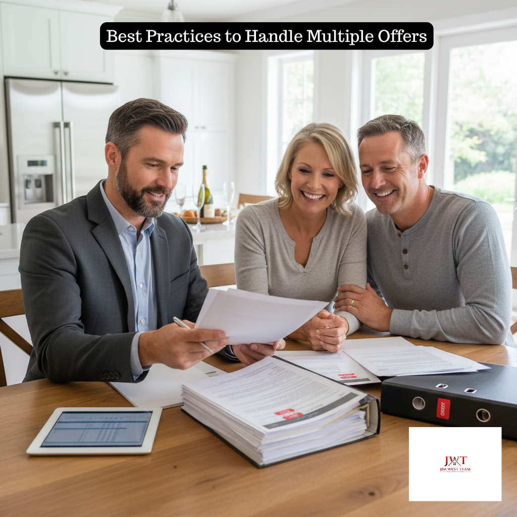 Real estate agent consulting with homeowners about best practices for handling multiple offers on Marysville home
