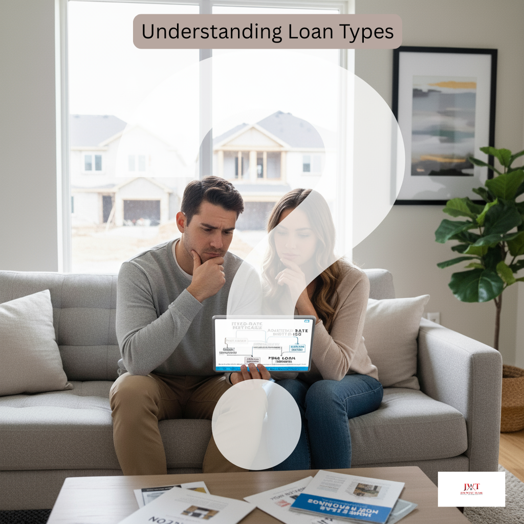 Photo of a thoughtful couple sitting on a couch reviewing mortgage materials with the text “Understanding Loan Types,” symbolizing home buyers learning about different mortgage options, branded with the Jim West Team logo.