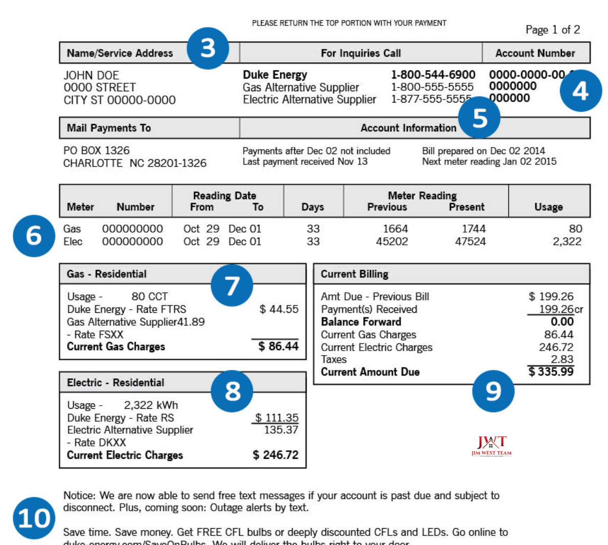 “Sample utility bill showing energy usage, billing details, and payment history, used to verify utility costs for Marysville, Ohio home buyers and sellers.”