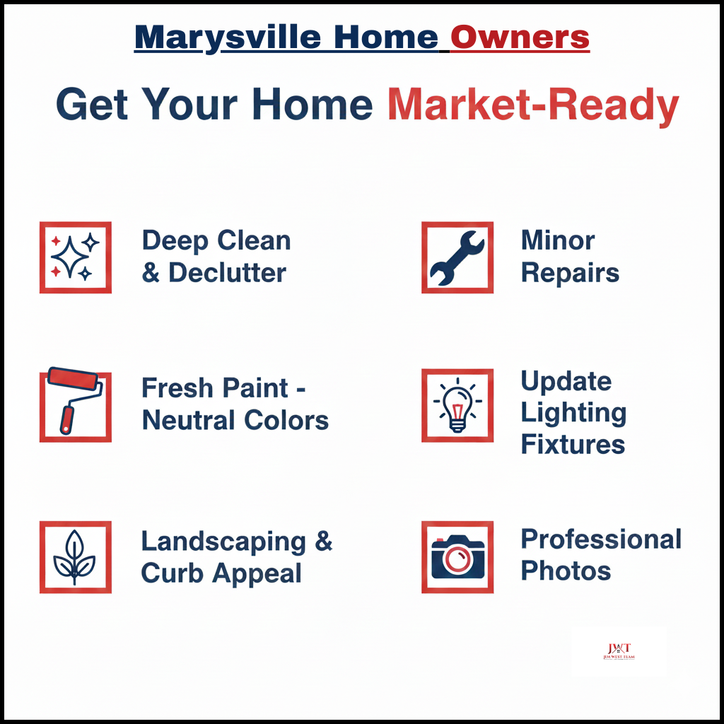 Home preparation checklist for Marysville Ohio sellers showing deep cleaning, decluttering, fresh paint, minor repairs, lighting updates, landscaping, and professional photos