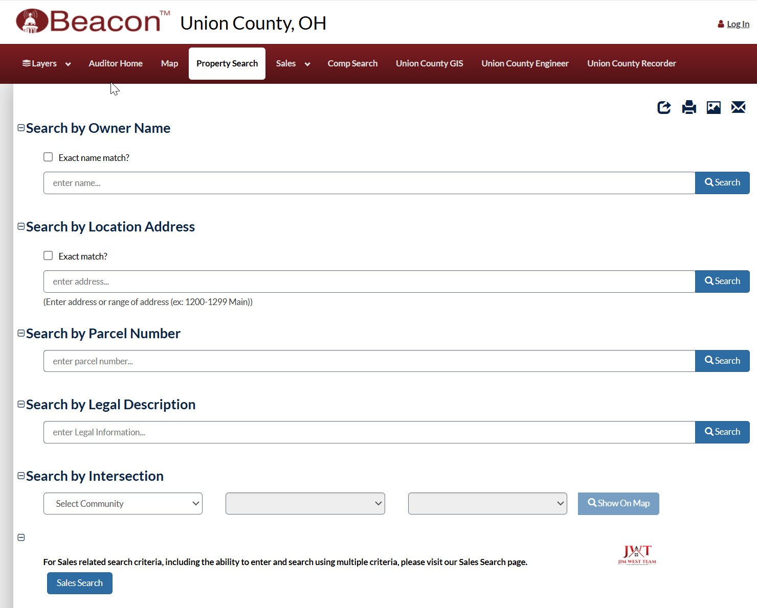 “Screenshot of the Union County, Ohio Beacon property search tool used to find owner information, parcel numbers, and property records for Marysville homes.”