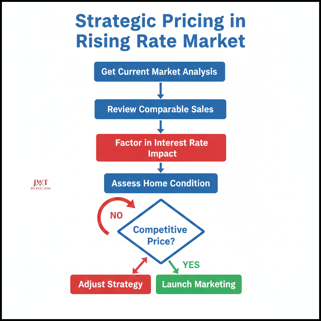Strategic home pricing flowchart for Marysville Ohio sellers showing steps from market analysis to launch including interest rate impact assessment