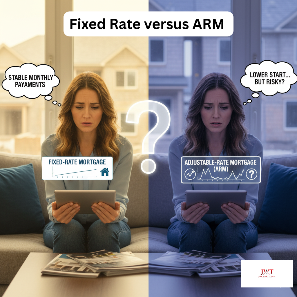Split-image graphic showing a woman comparing fixed-rate versus adjustable-rate mortgages; one side emphasizes stable monthly payments, the other questions risk and lower starting rates, branded with the Jim West Team logo.