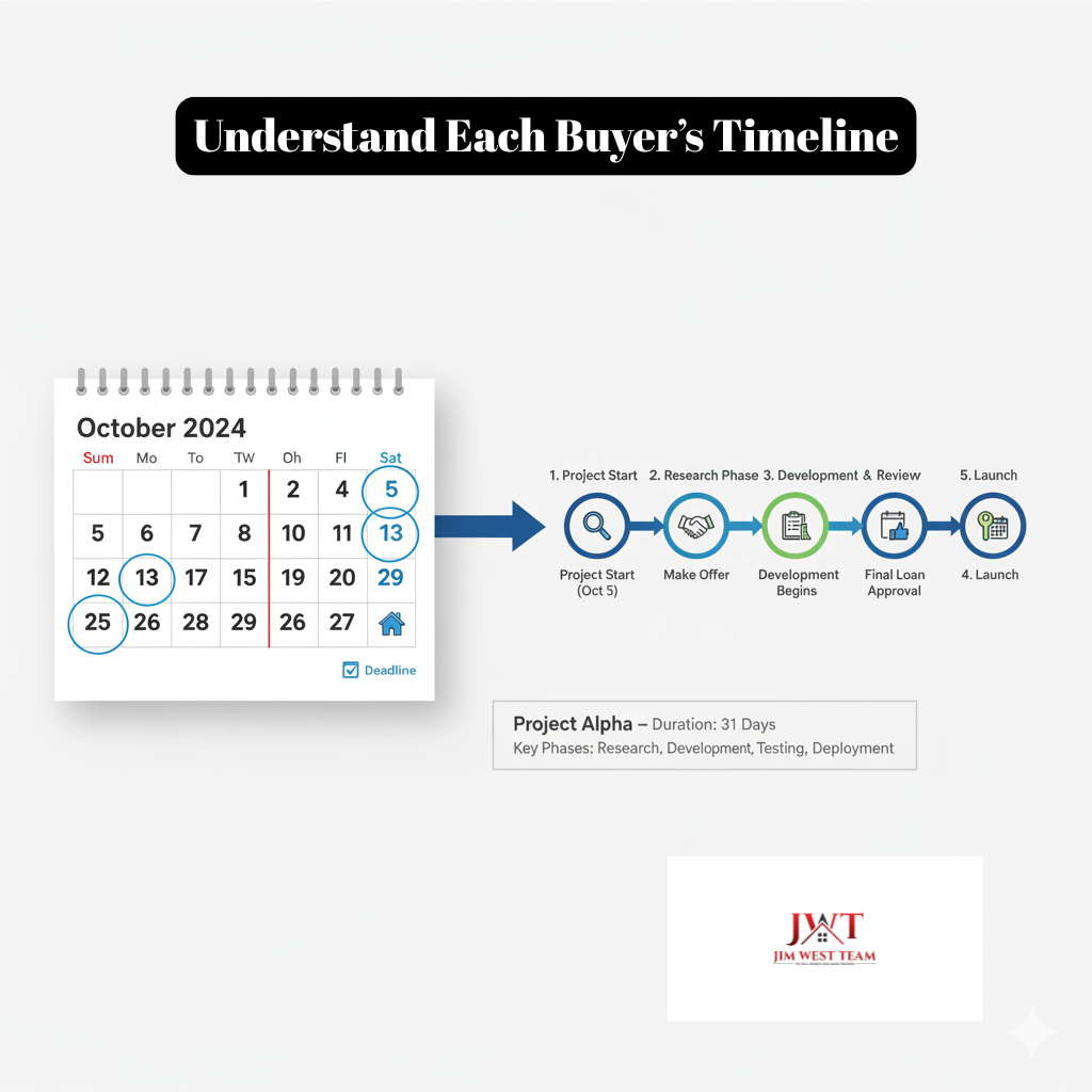 Infographic showing a buyer’s purchase timeline with key dates and milestones, illustrating how sellers in Marysville can plan around each offer’s schedule