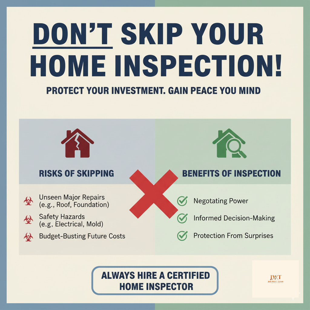 Educational graphic by the Jim West Team comparing the risks of skipping a home inspection versus the benefits of hiring a certified inspector, highlighting major repair costs, safety hazards, and negotiation advantages.