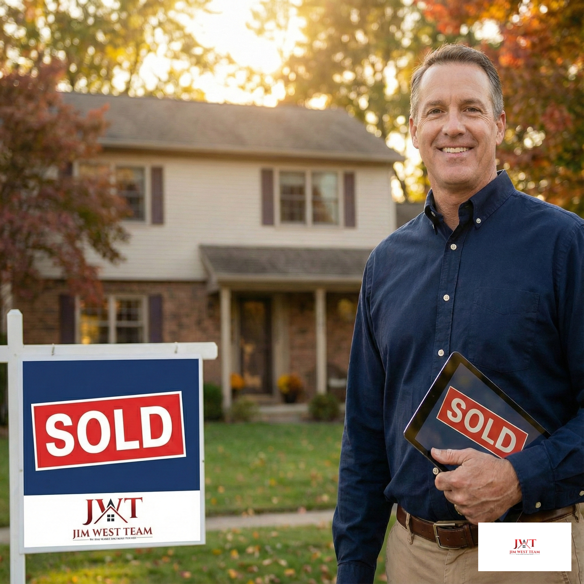 Jim West, experienced Marysville Ohio real estate agent, standing with sold sign in front of home after successful sale