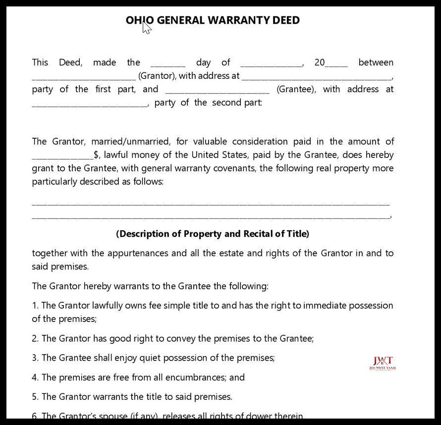 “Example of an Ohio General Warranty Deed showing sections for grantor, grantee, property description, and title warranty details, used in Marysville home sales.”