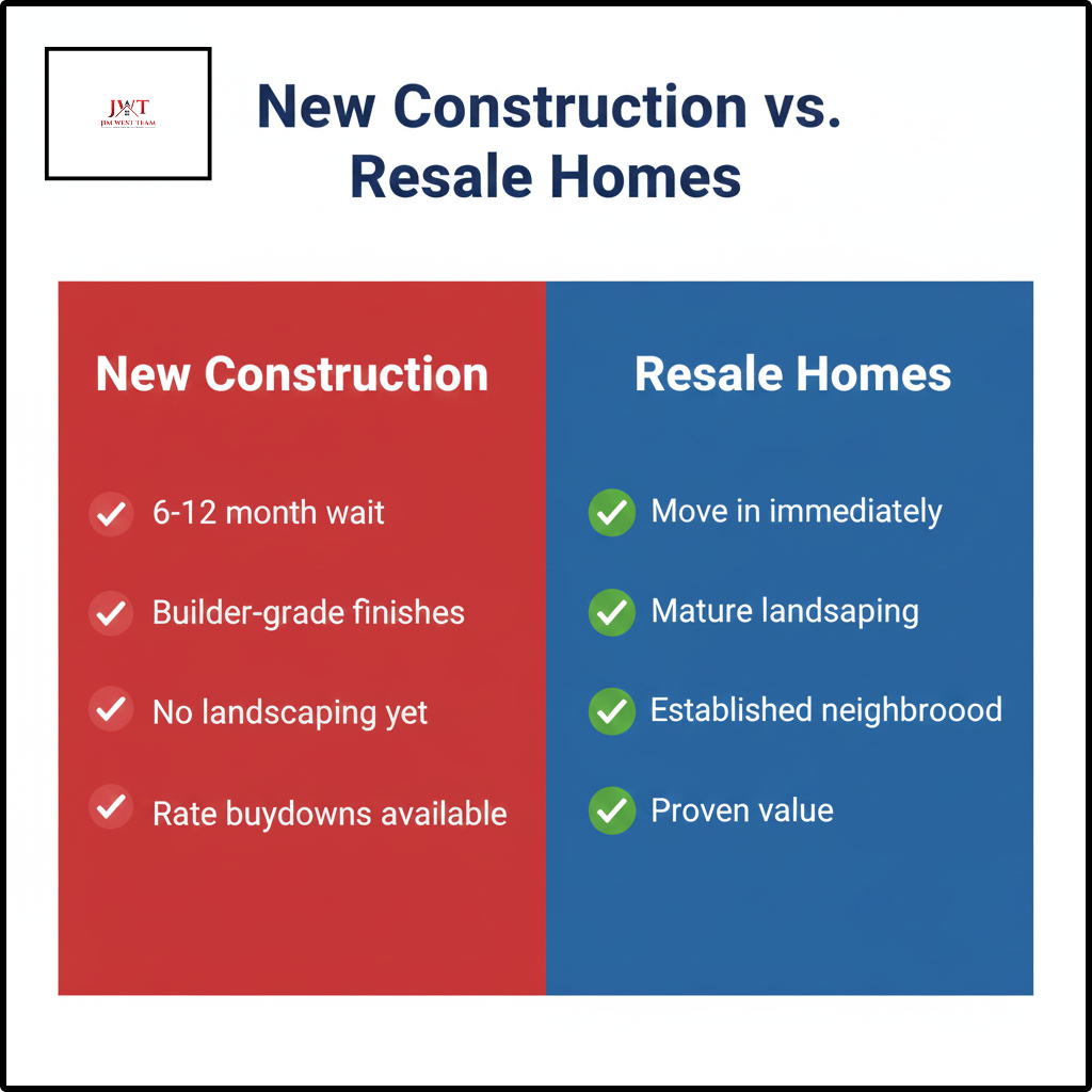 Comparison chart showing advantages of resale homes versus new construction in Marysville Ohio including immediate move-in, mature landscaping, established neighborhoods, and proven value