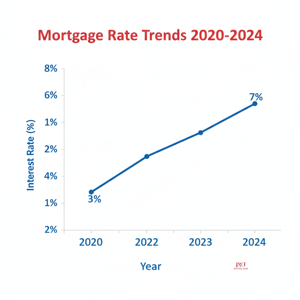 Mortgage interest rate trends chart from 2020 to 2024 showing increase from 3% to 7% affecting Marysville Ohio home sellers and buyers